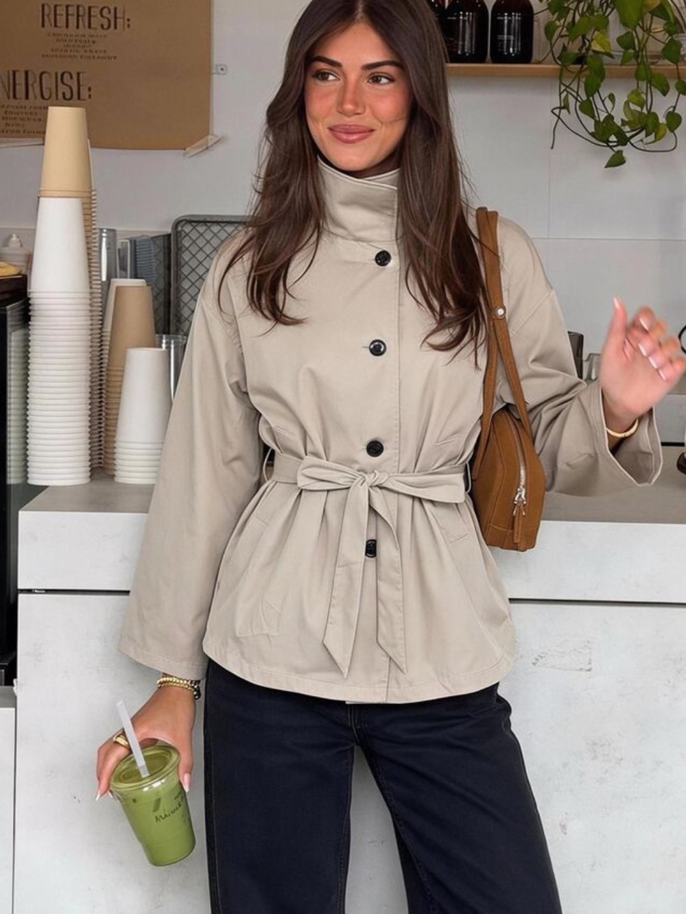Vintage Nomadic High Collar Cinched Waist Button Up Women Trench Coat